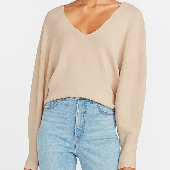 Express Soft Knit Balloon Sleeve V-Neck Beige Cream Top Sweater Small - Picture 1 of 10